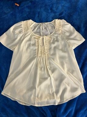 Daniel Rainn Cream Sheer Blouse Size Large | Ruched Tie Neck Feminine Top